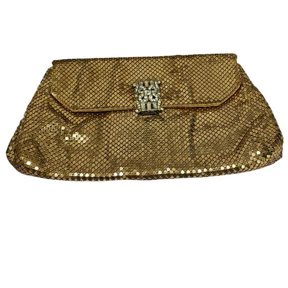 Vintage Whiting & Davis gold metal mesh clutch purse white rhinestones clasp - Picture 1 of 12